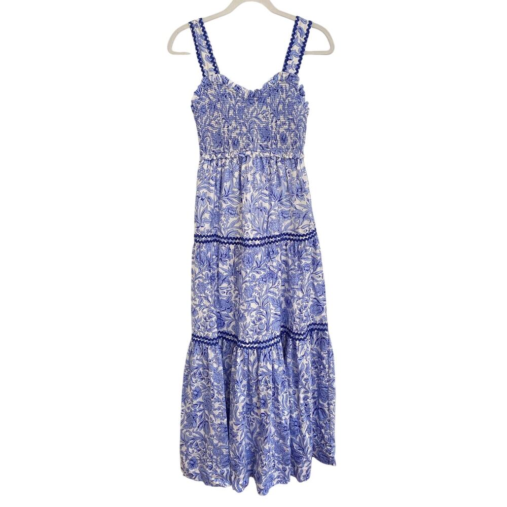 She + Sky Tuckernuck Smocked Sweetheart Blue Floral Ric Rac Maxi Ruffle Dress S